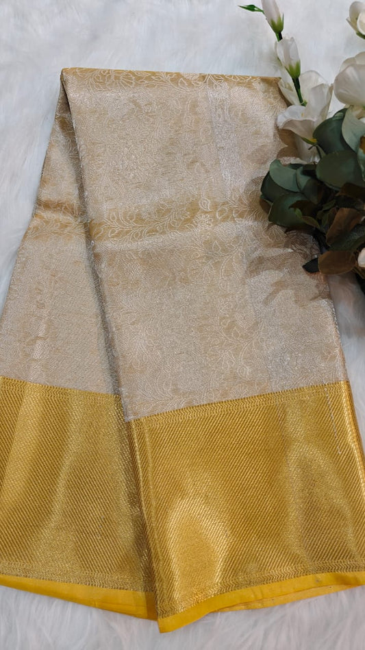 Off White - Semi Kanjipuram Glass Tissue Saree With Chikankari Pattern Zari Weaving