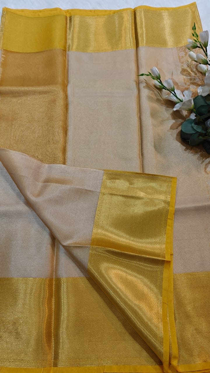 Metallic Yellow - Semi Kanjipuram Glass Tissue Saree With Chikankari Pattern Zari Weaving