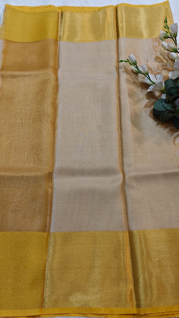 Metallic Yellow - Semi Kanjipuram Glass Tissue Saree With Chikankari Pattern Zari Weaving