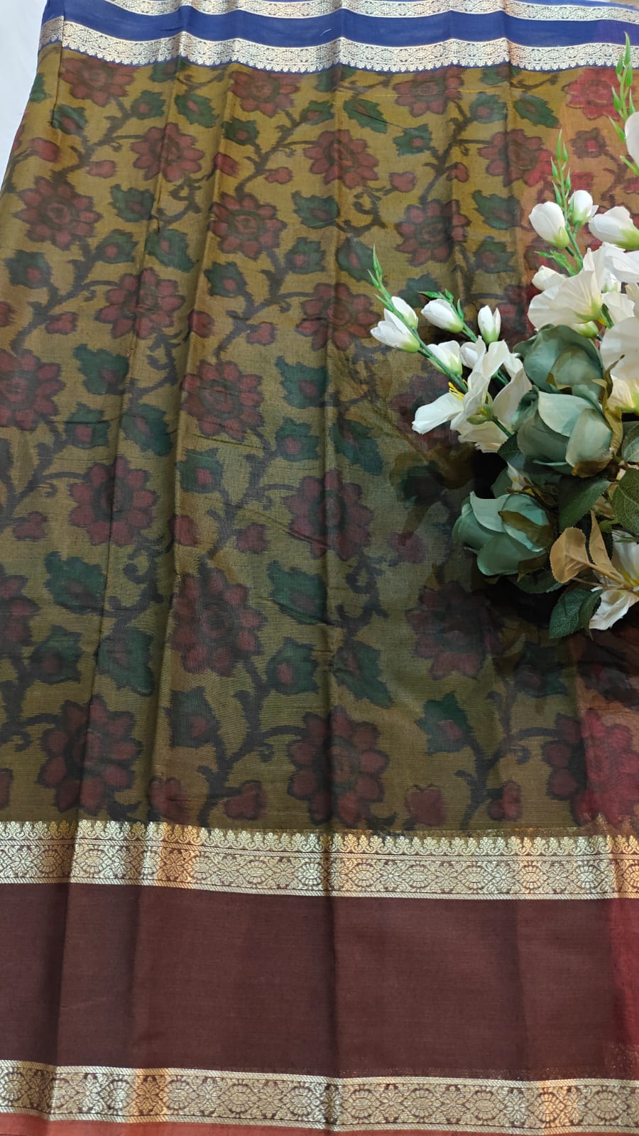 Pochampally Printed Allover Body with Gap Border and Ganga Jamuna Zari Design