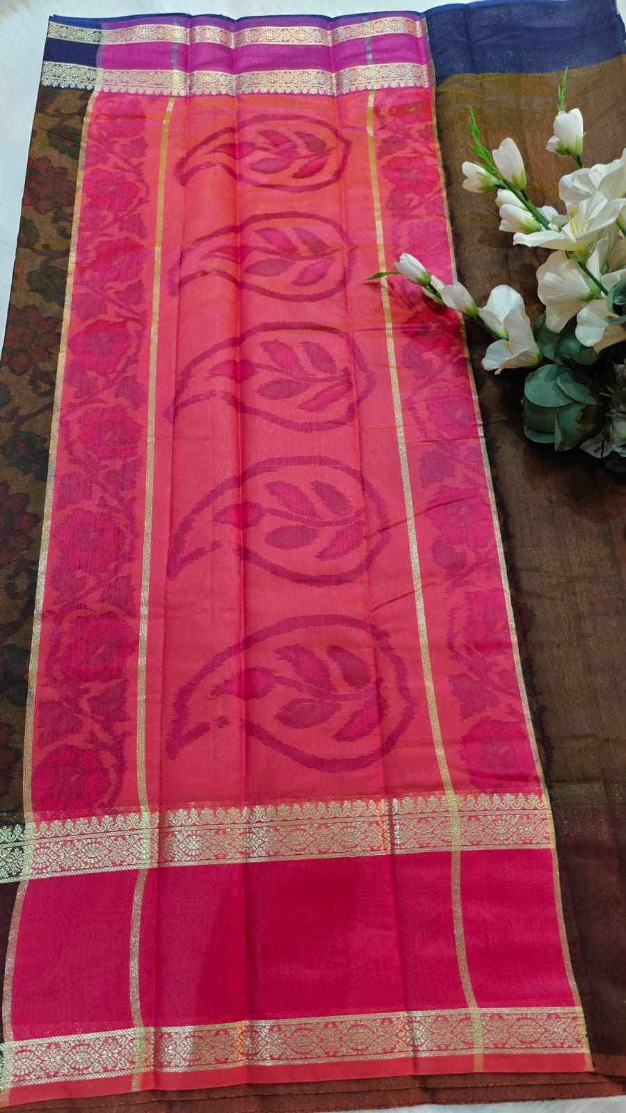 Pochampally Printed Allover Body with Gap Border and Ganga Jamuna Zari Design