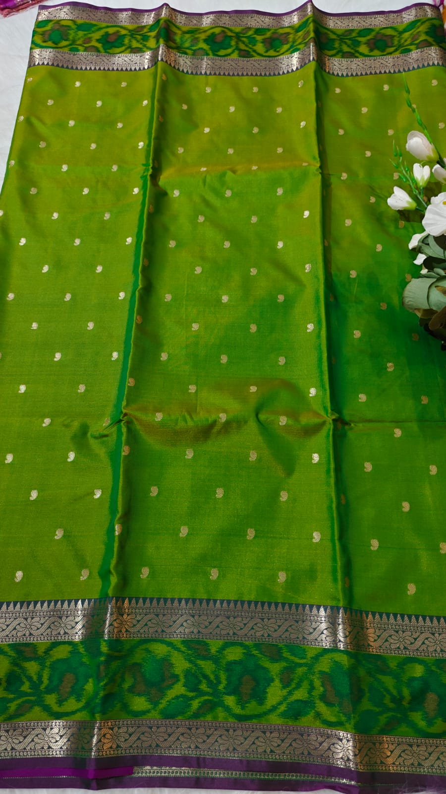 Dual Shade Fern Green Semi Soft Silk Saree With Pochampally Print