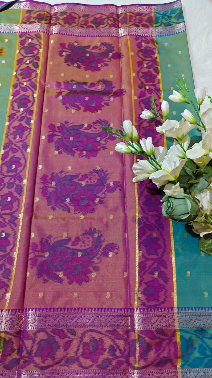 Turquoise Dual Shade Semi Soft Silk Saree With Pochampally Print