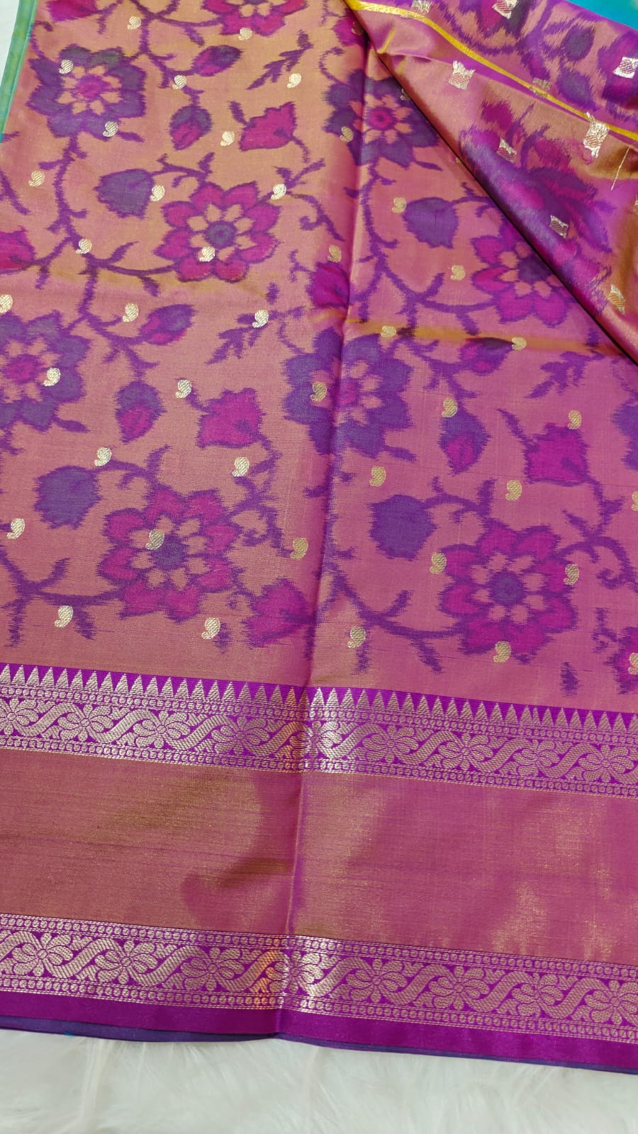 Turquoise Dual Shade Semi Soft Silk Saree With Pochampally Print