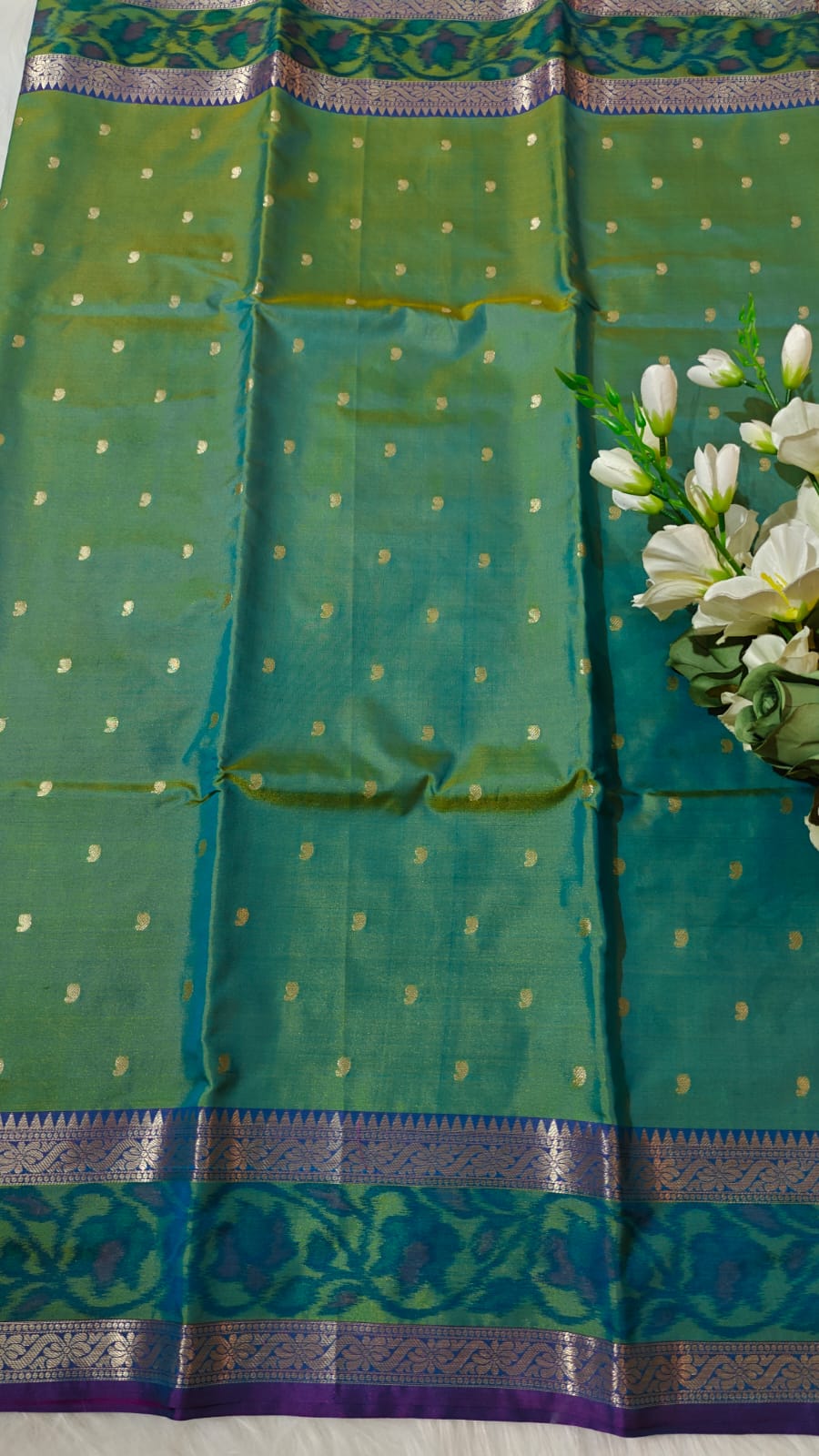 Turquoise Dual Shade Semi Soft Silk Saree With Pochampally Print