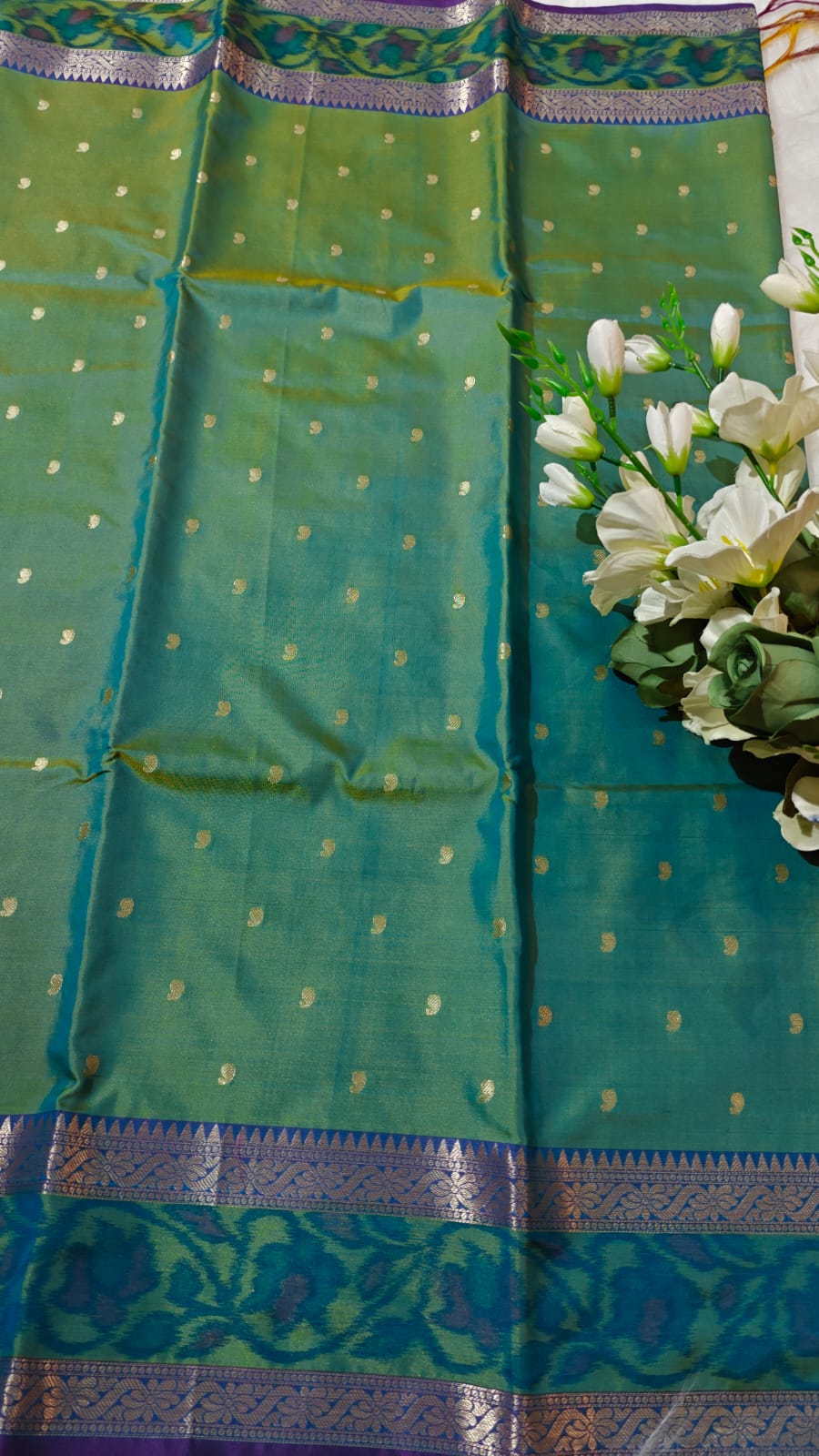 Turquoise Dual Shade Semi Soft Silk Saree With Pochampally Print