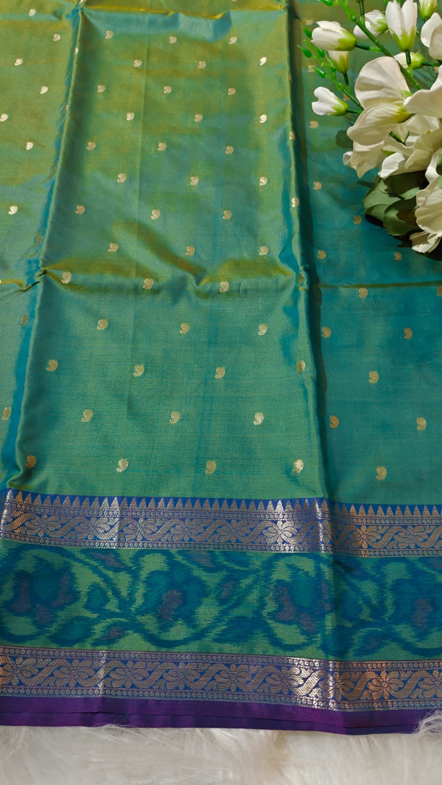 Turquoise Dual Shade Semi Soft Silk Saree With Pochampally Print