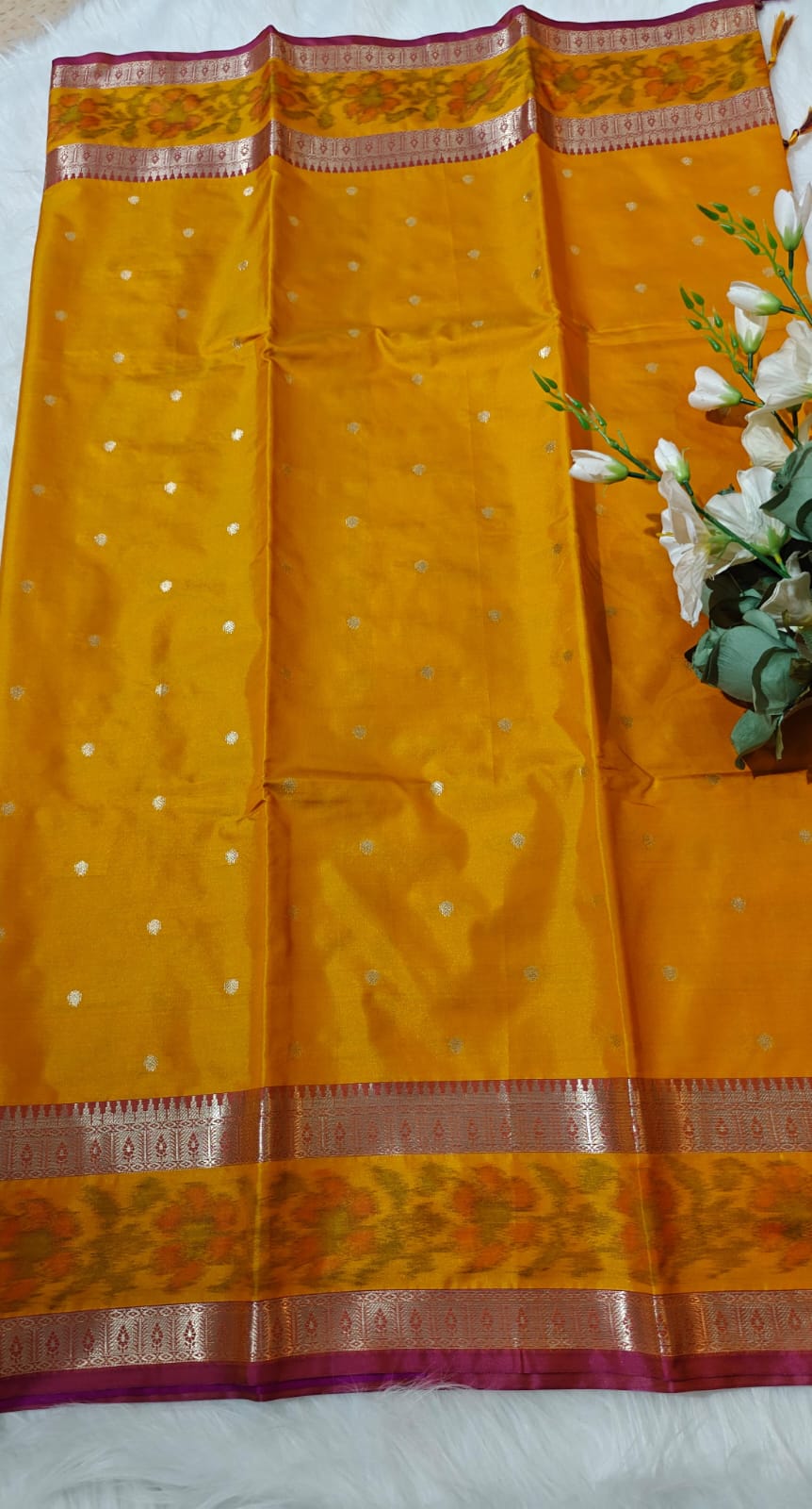 Dual Shade Mustard Yellow Semi Soft Silk Saree With Pochampally Print