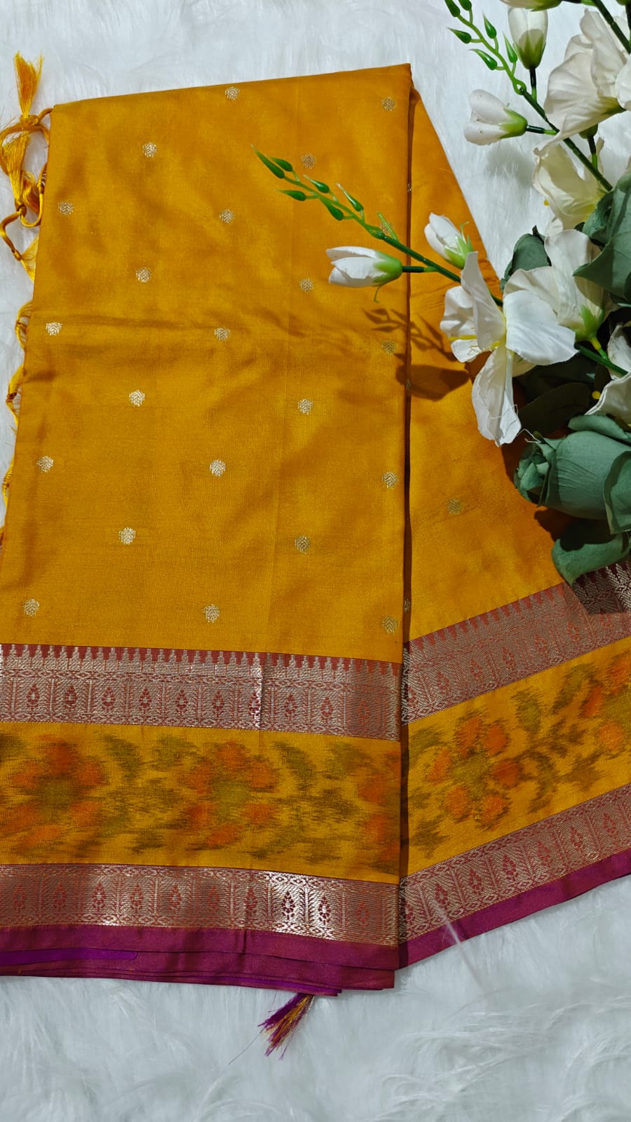 Dual Shade Mustard Yellow Semi Soft Silk Saree With Pochampally Print