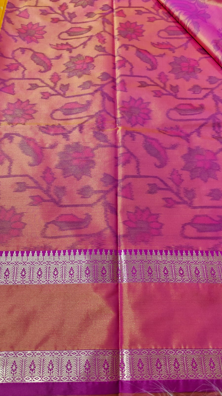 Dual Shade Mustard Yellow Semi Soft Silk Saree With Pochampally Print