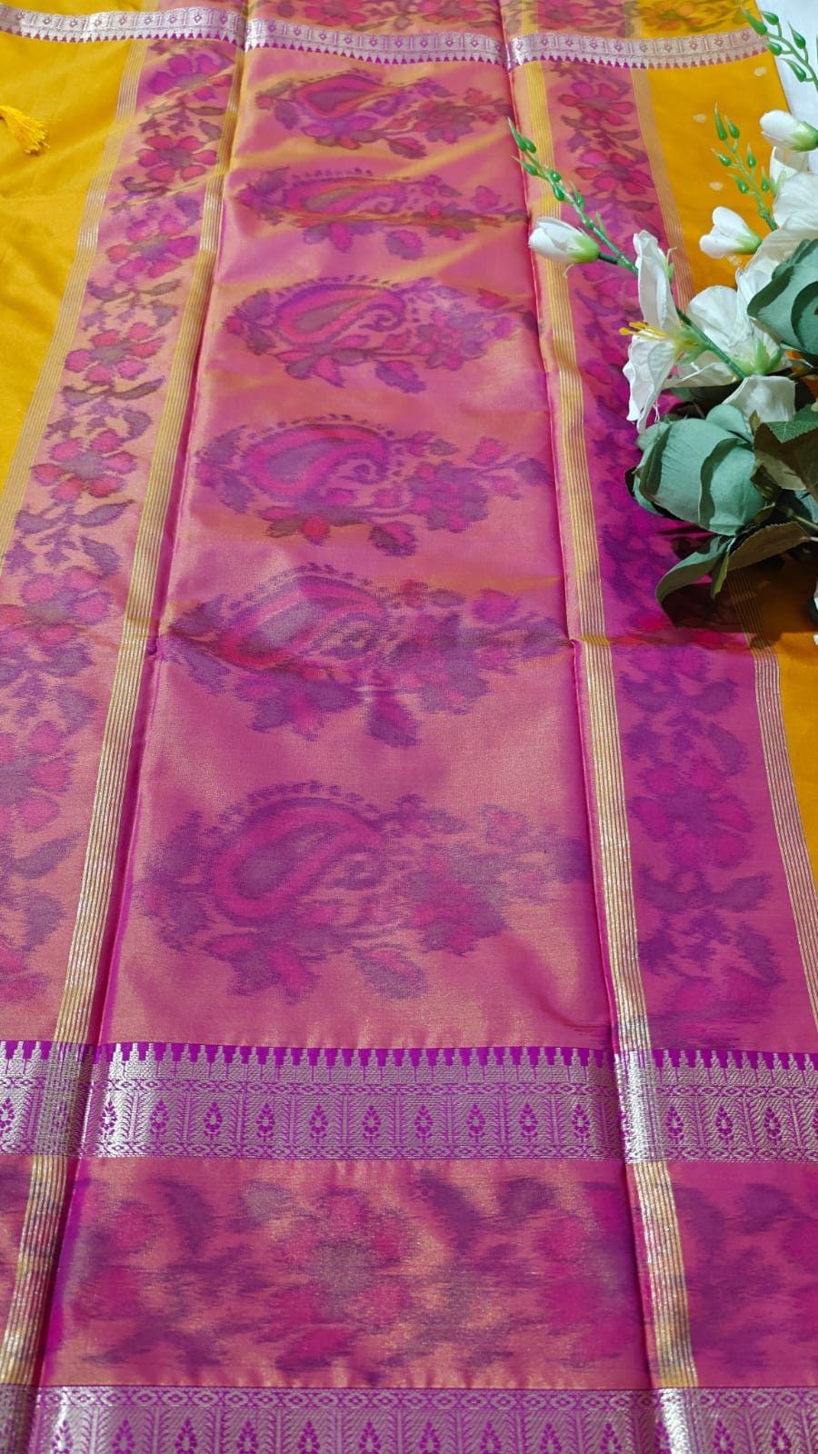 Dual Shade Mustard Yellow Semi Soft Silk Saree With Pochampally Print