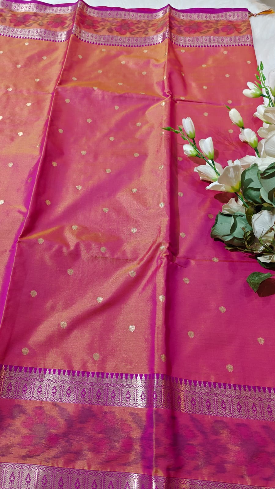 Dual Shade Pinkish Orange Semi Soft Silk Saree With Pochampally Print