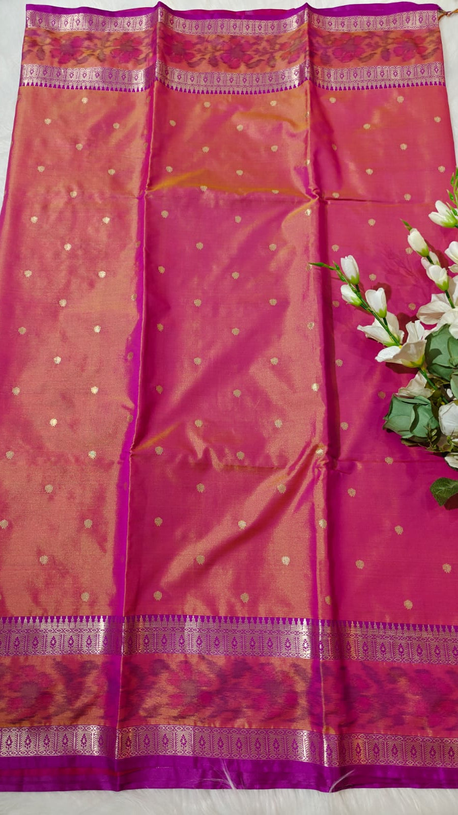 Dual Shade Pinkish Orange Semi Soft Silk Saree With Pochampally Print