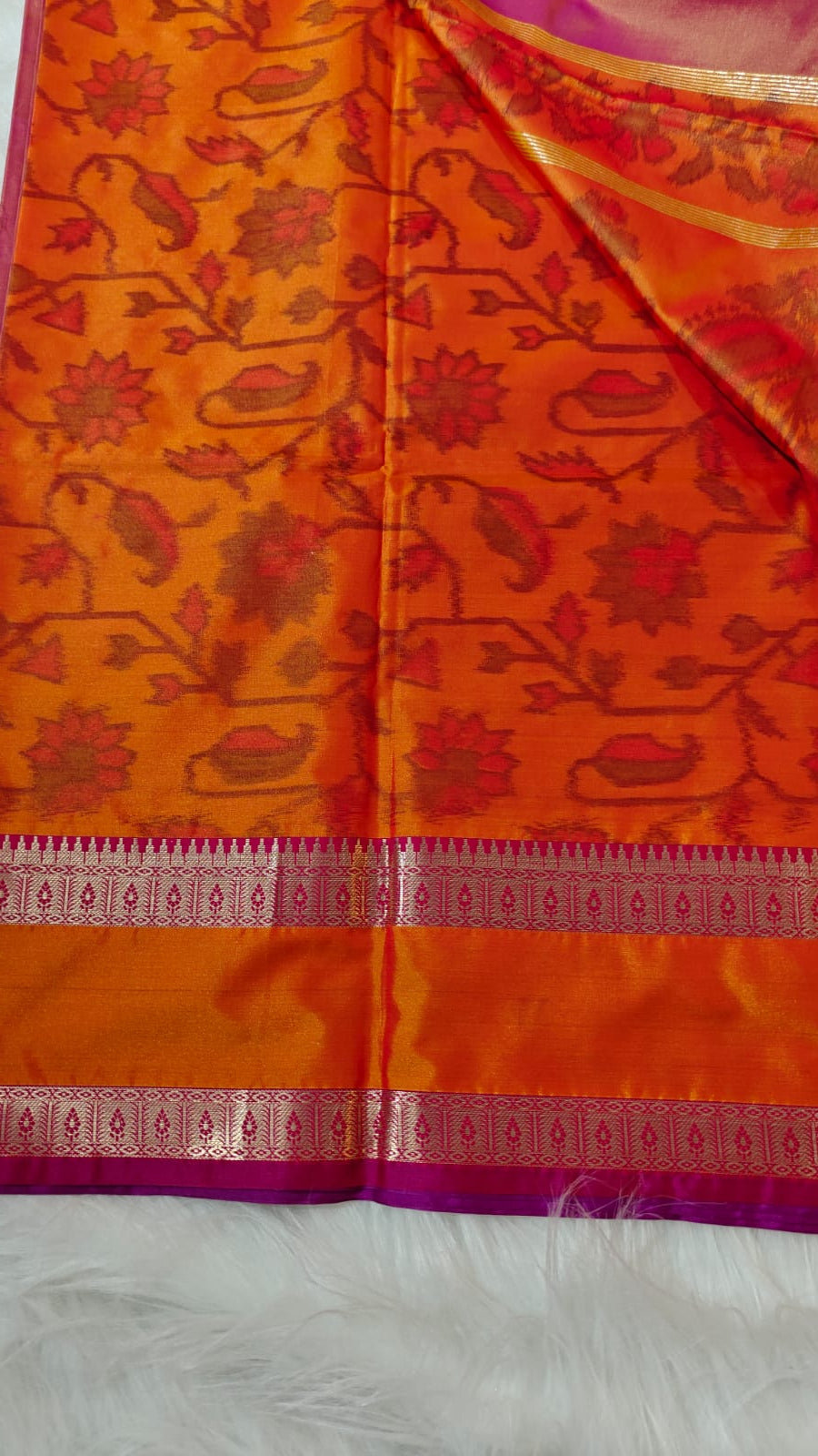 Dual Shade Pinkish Orange Semi Soft Silk Saree With Pochampally Print