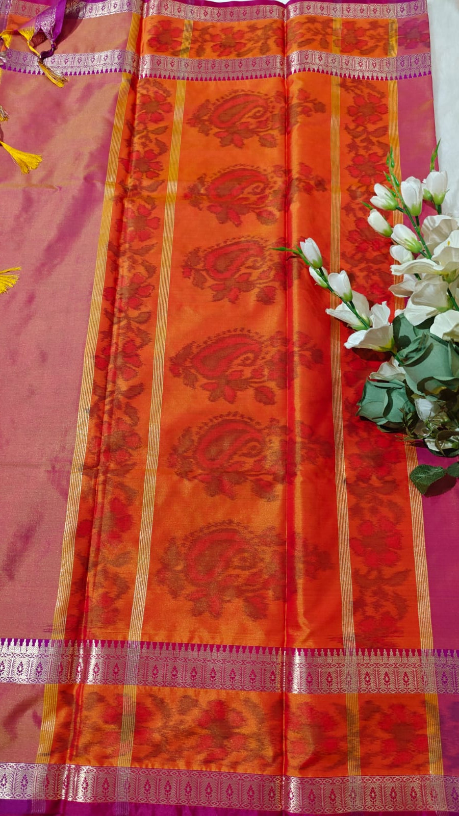Dual Shade Pinkish Orange Semi Soft Silk Saree With Pochampally Print