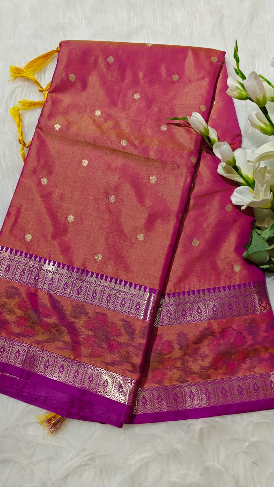 Dual Shade Pinkish Orange Semi Soft Silk Saree With Pochampally Print