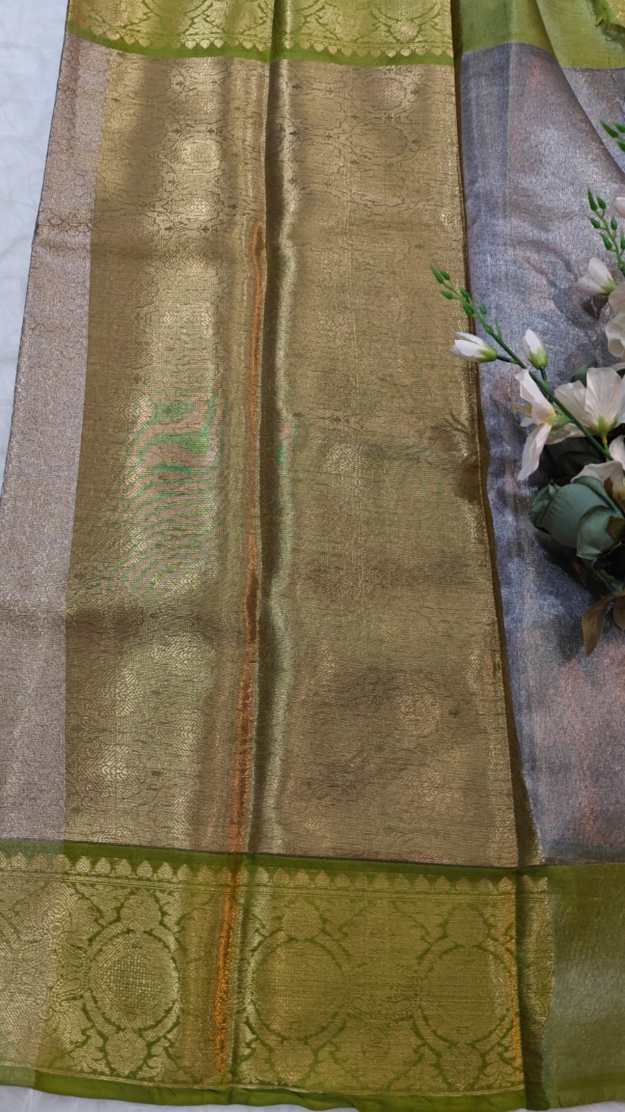 Beige & green Tissue Kanjivaram Saree With Banasari Zari Woven