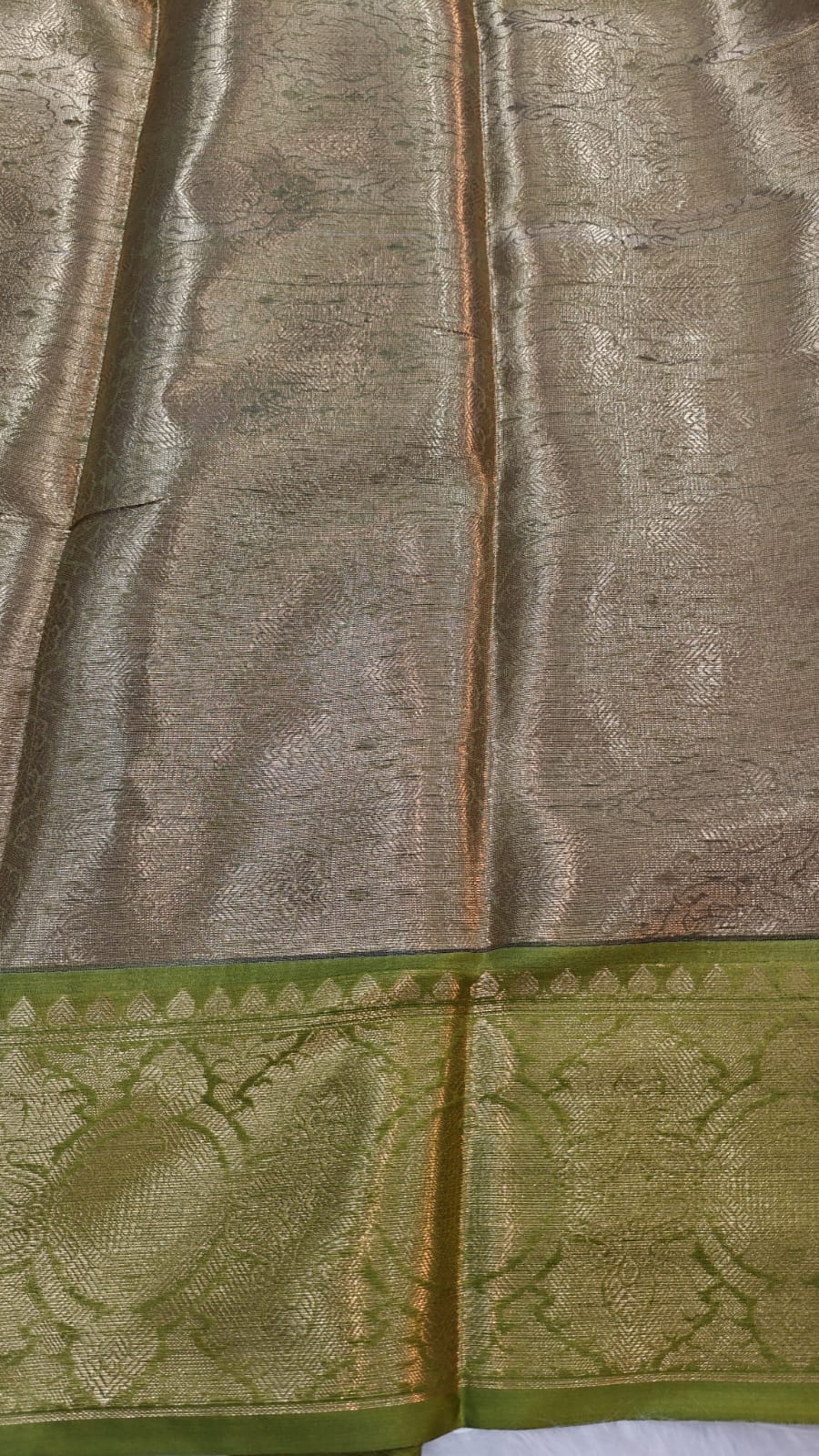 Beige & green Tissue Kanjivaram Saree With Banasari Zari Woven