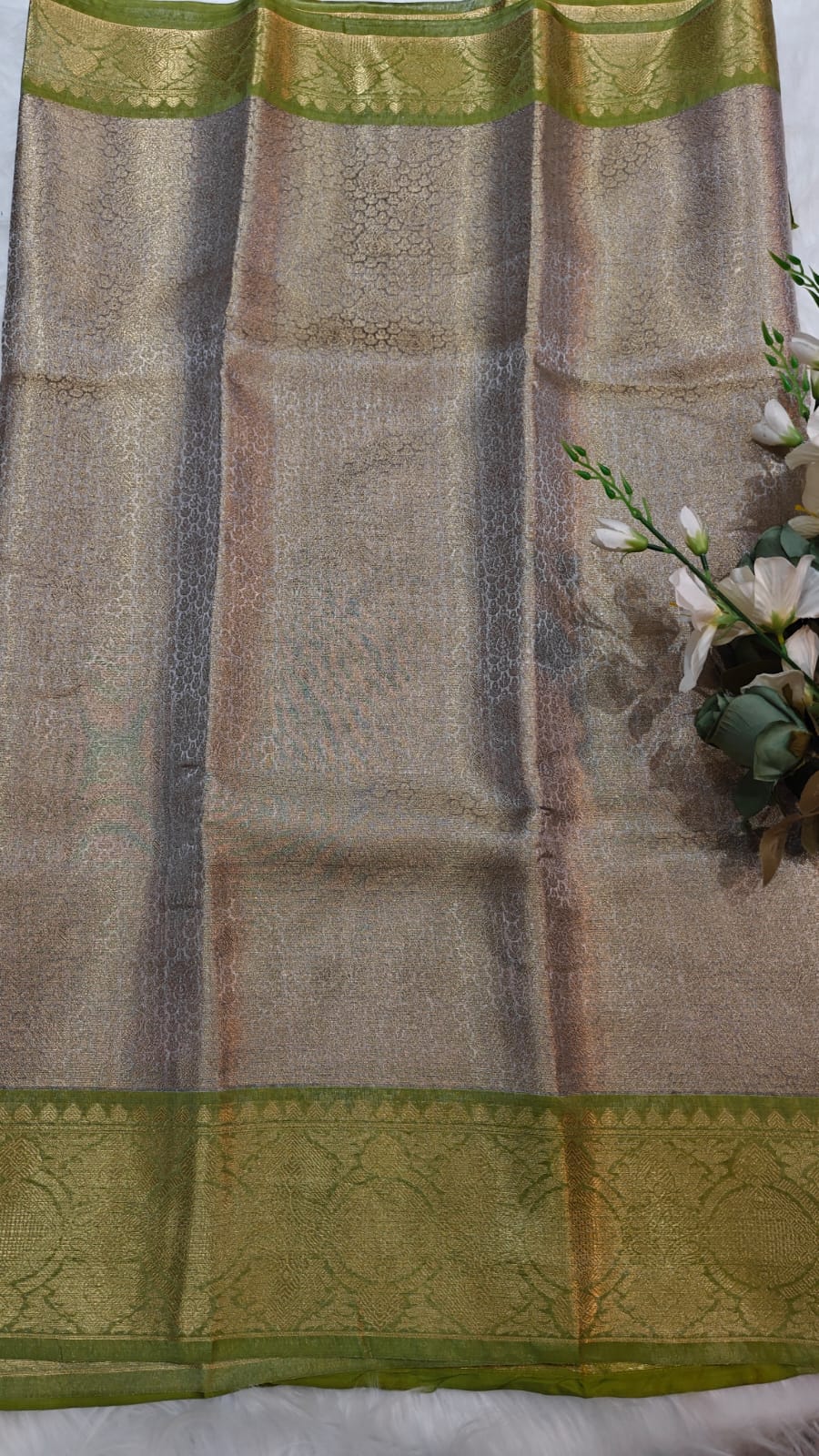 Beige & green Tissue Kanjivaram Saree With Banasari Zari Woven