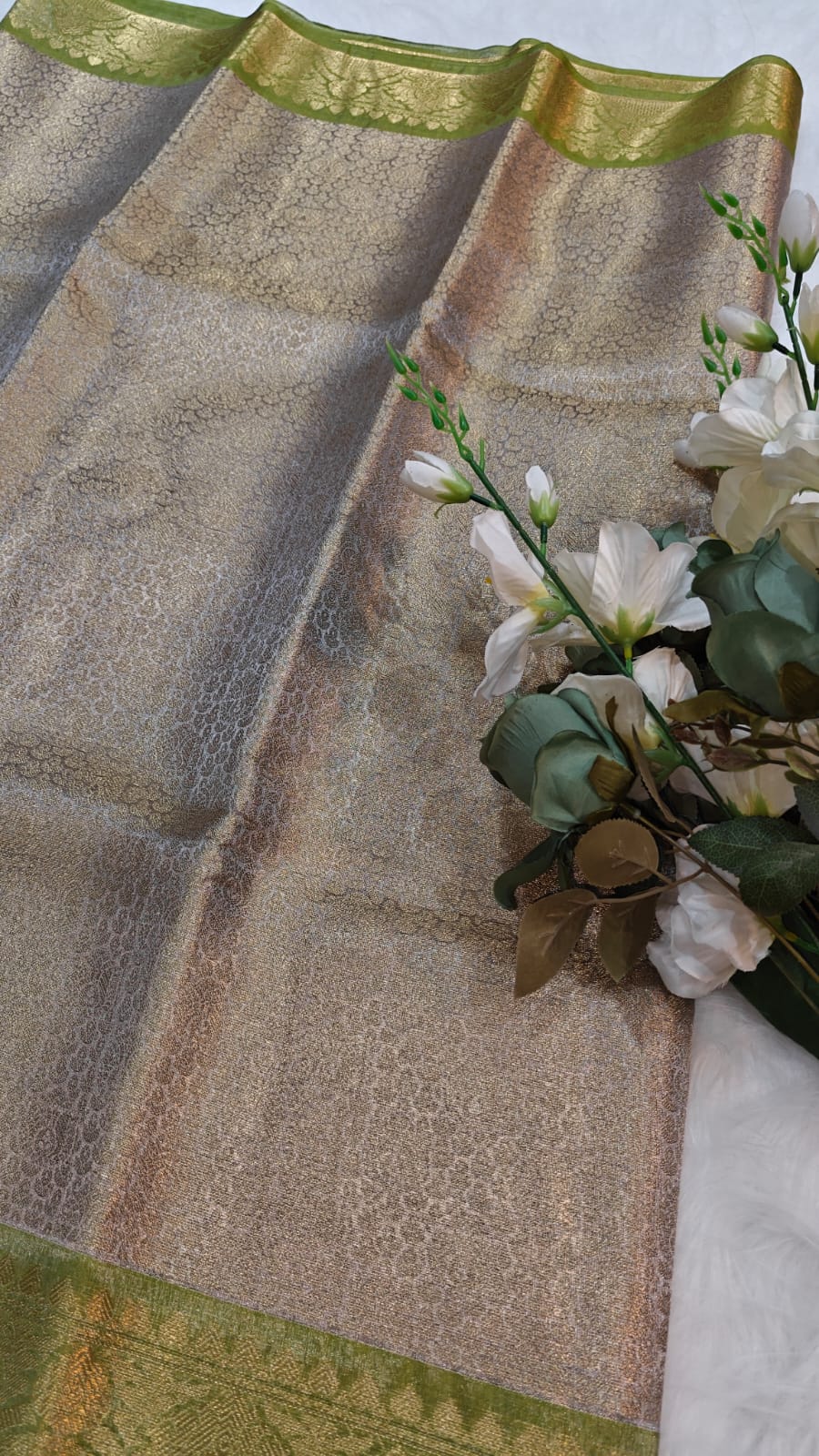 Beige & green Tissue Kanjivaram Saree With Banasari Zari Woven