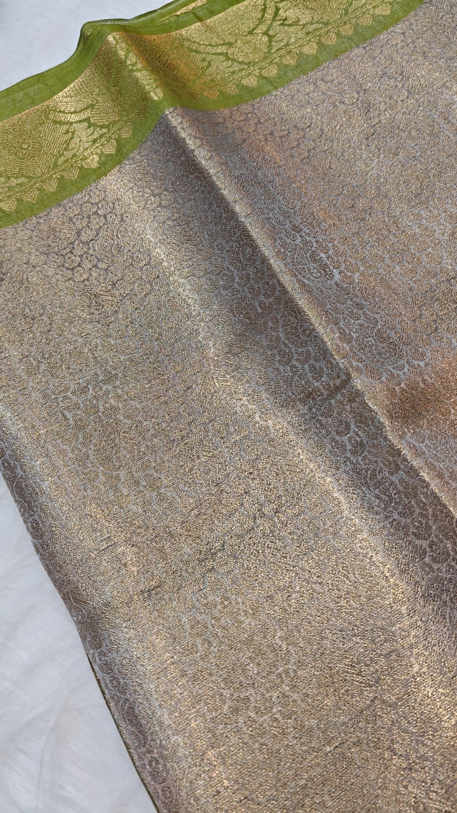 Beige & green Tissue Kanjivaram Saree With Banasari Zari Woven