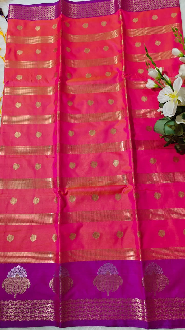 Banarasi Semi Soft Silk Saree Dual Shade Of Pink And Orange With Allover Zari Woven