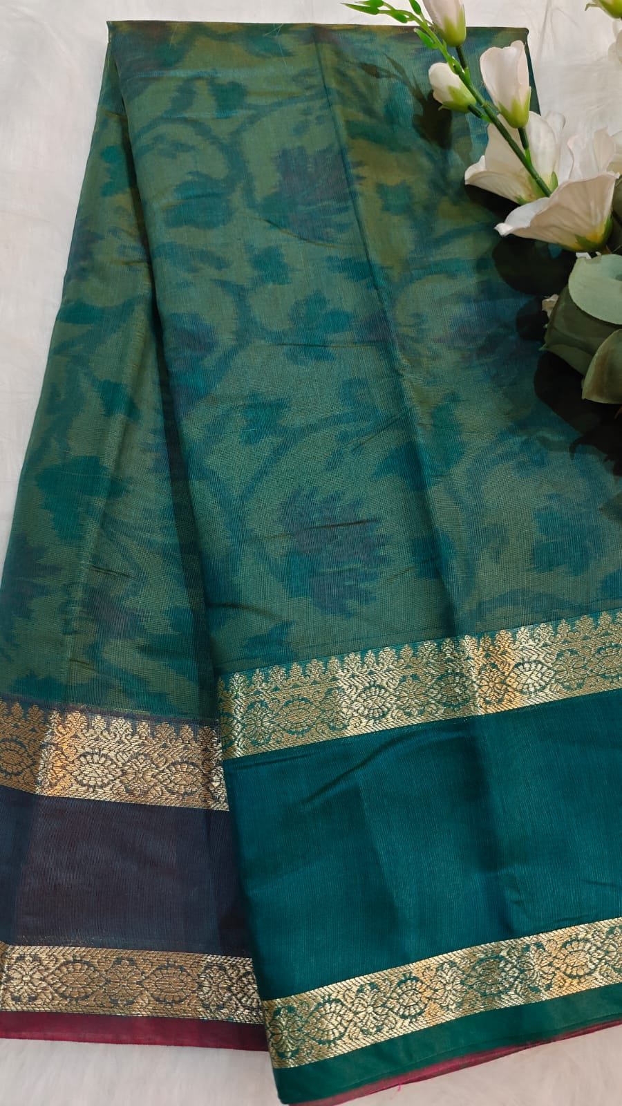 Pochampally Printed Allover Body with Gap Border and Ganga Jamuna Zari Design