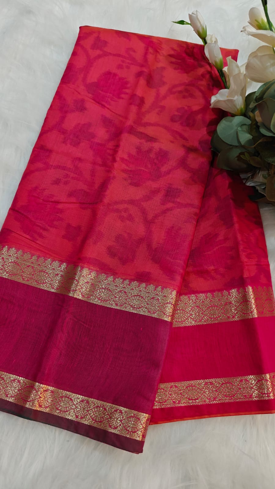 Pochampally Printed Allover Body with Gap Border and Ganga Jamuna Zari Design