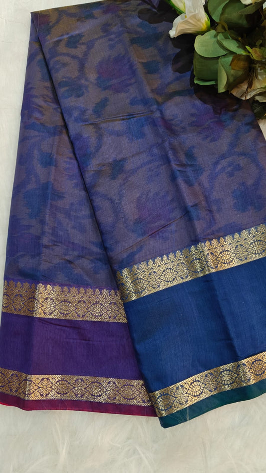 Pochampally Printed Allover Body with Gap Border and Ganga Jamuna Zari Design