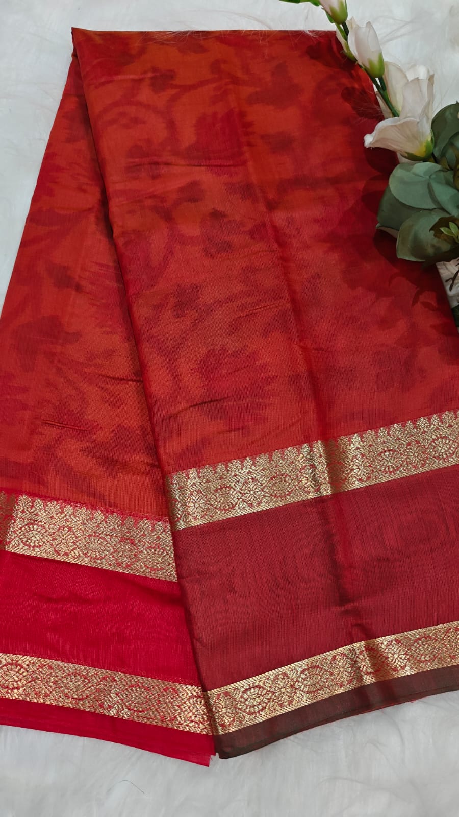 Pochampally Printed Allover Body with Gap Border and Ganga Jamuna Zari Design