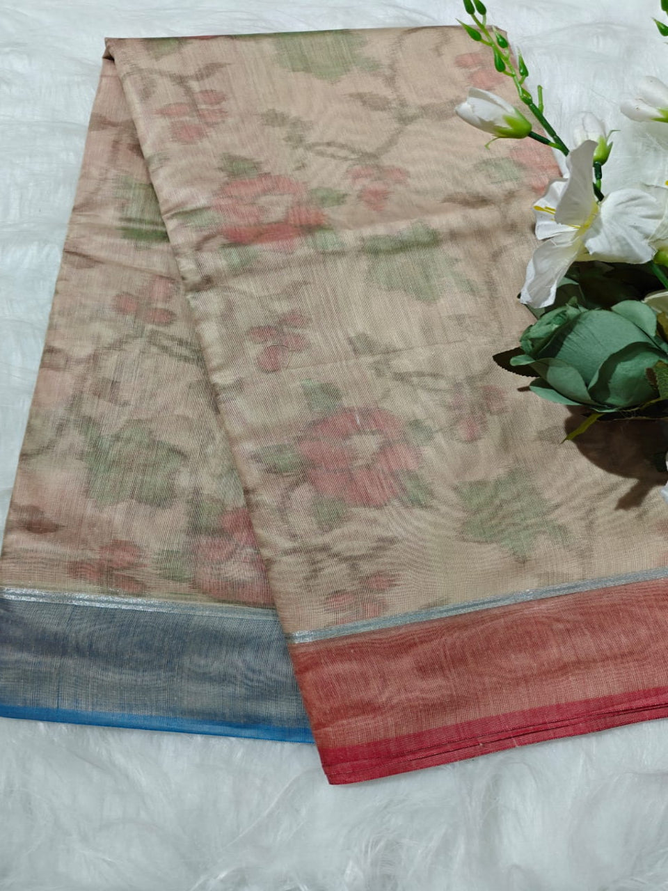 Beige - Ikkat Pochampally Printed Allover Body With Ganga Jamuna Border