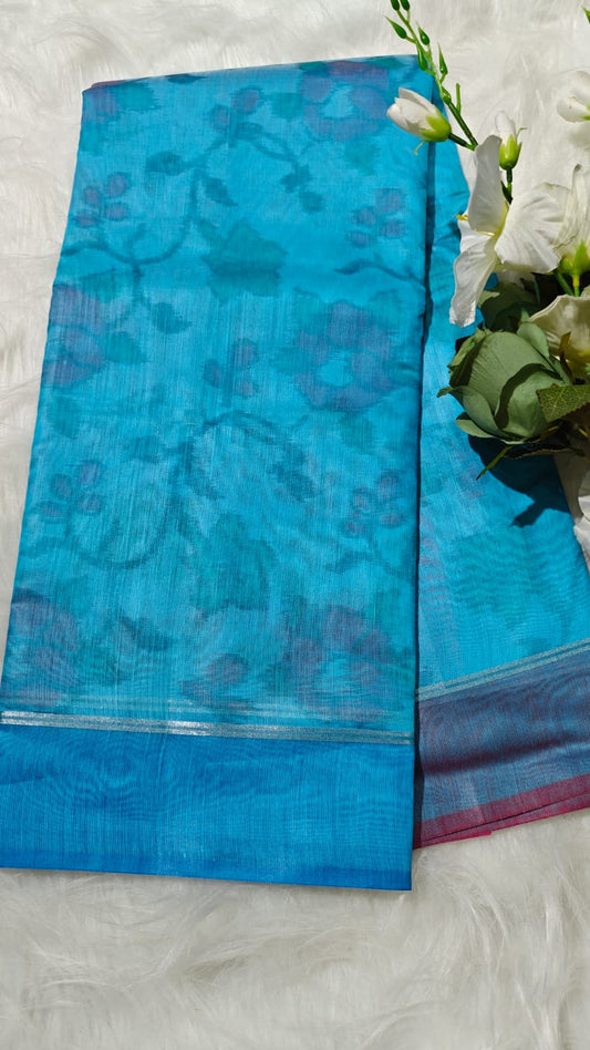 Blue - Ikkat Pochampally Printed Allover Body With Ganga Jamuna Border