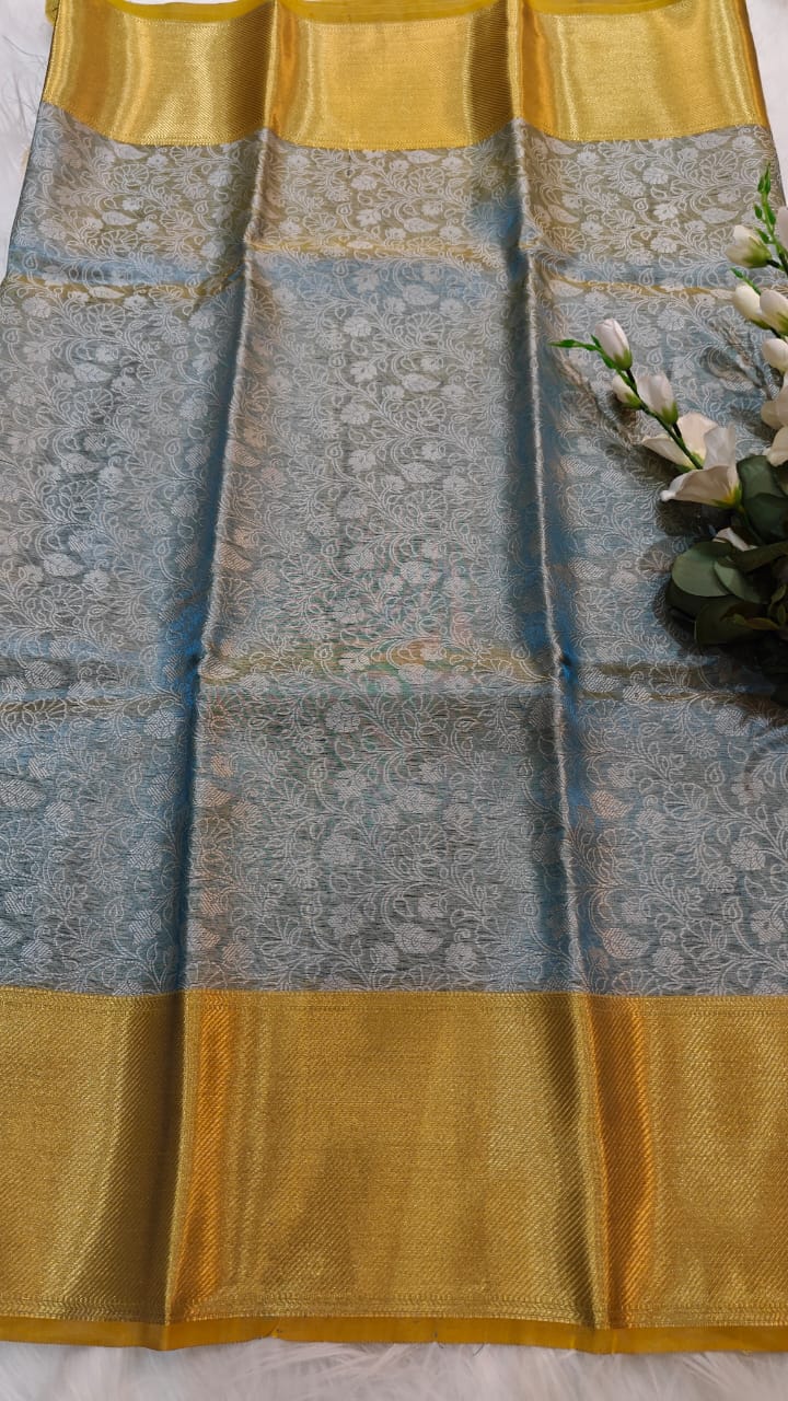 Metallic Blue - Semi Kanjipuram Glass Tissue Saree With Chikankari Pattern Zari Weaving