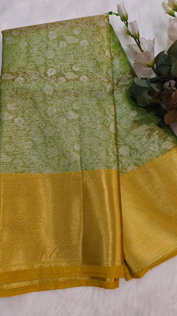 Metallic Green - Semi Kanjipuram Glass Tissue Saree With Chikankari Pattern Zari Weaving