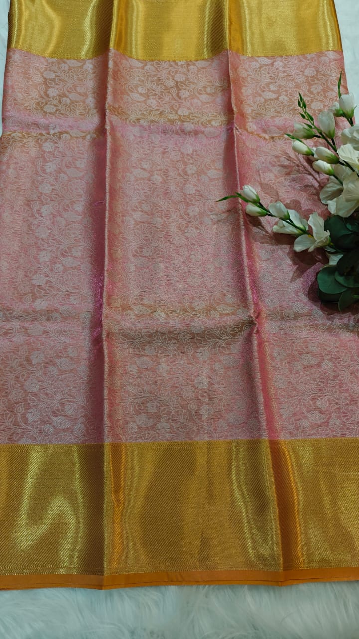 Metallic Pink - Semi Kanjipuram Glass Tissue Saree With Chikankari Pattern Zari Weaving