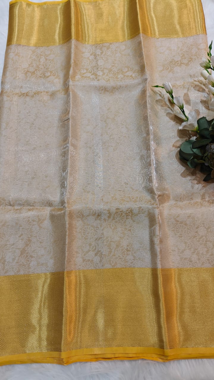 Off White - Semi Kanjipuram Glass Tissue Saree With Chikankari Pattern Zari Weaving