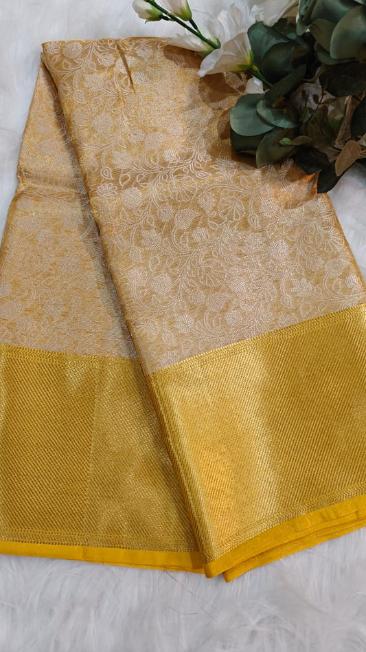 Metallic Yellow - Semi Kanjipuram Glass Tissue Saree With Chikankari Pattern Zari Weaving
