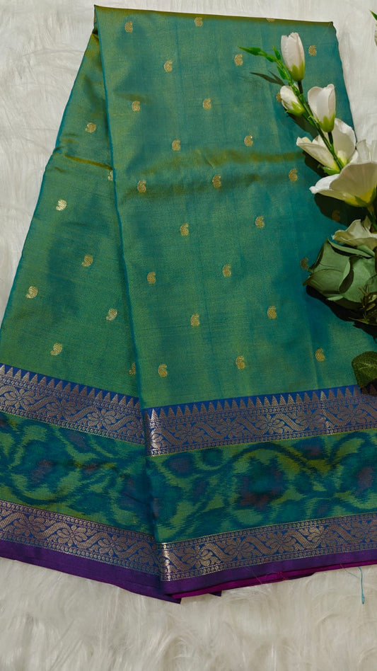 Turquoise Dual Shade Semi Soft Silk Saree With Pochampally Print