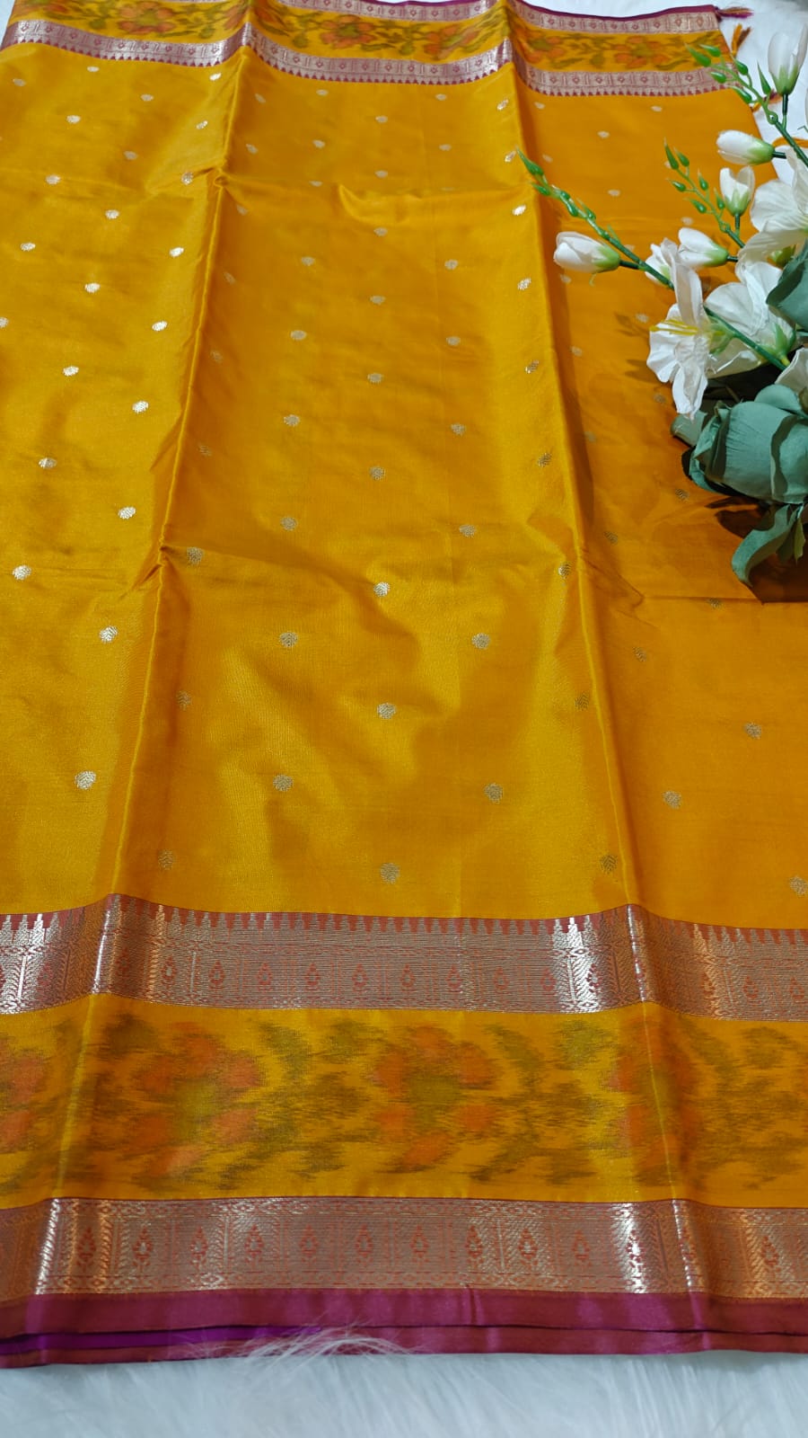 Dual Shade Mustard Yellow Semi Soft Silk Saree With Pochampally Print