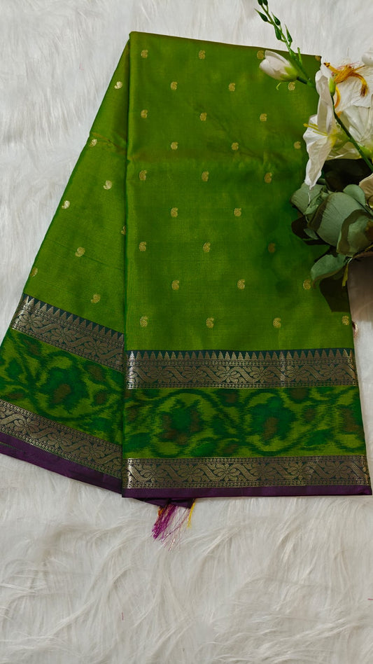 Dual Shade Fern Green Semi Soft Silk Saree With Pochampally Print