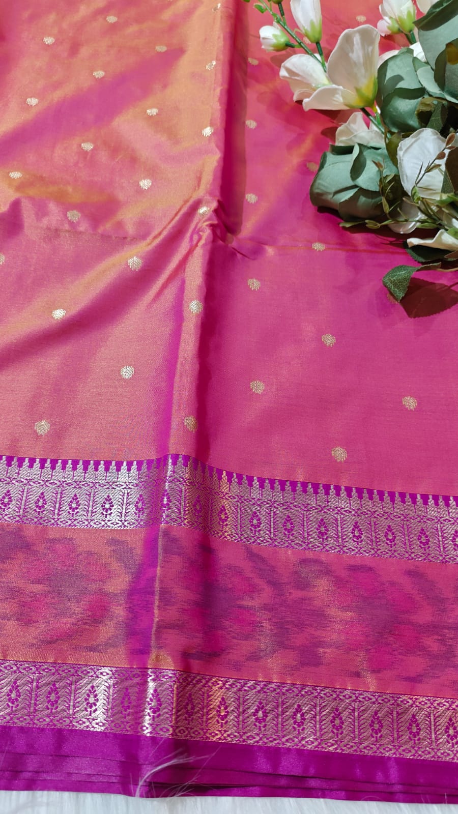 Dual Shade Pinkish Orange Semi Soft Silk Saree With Pochampally Print