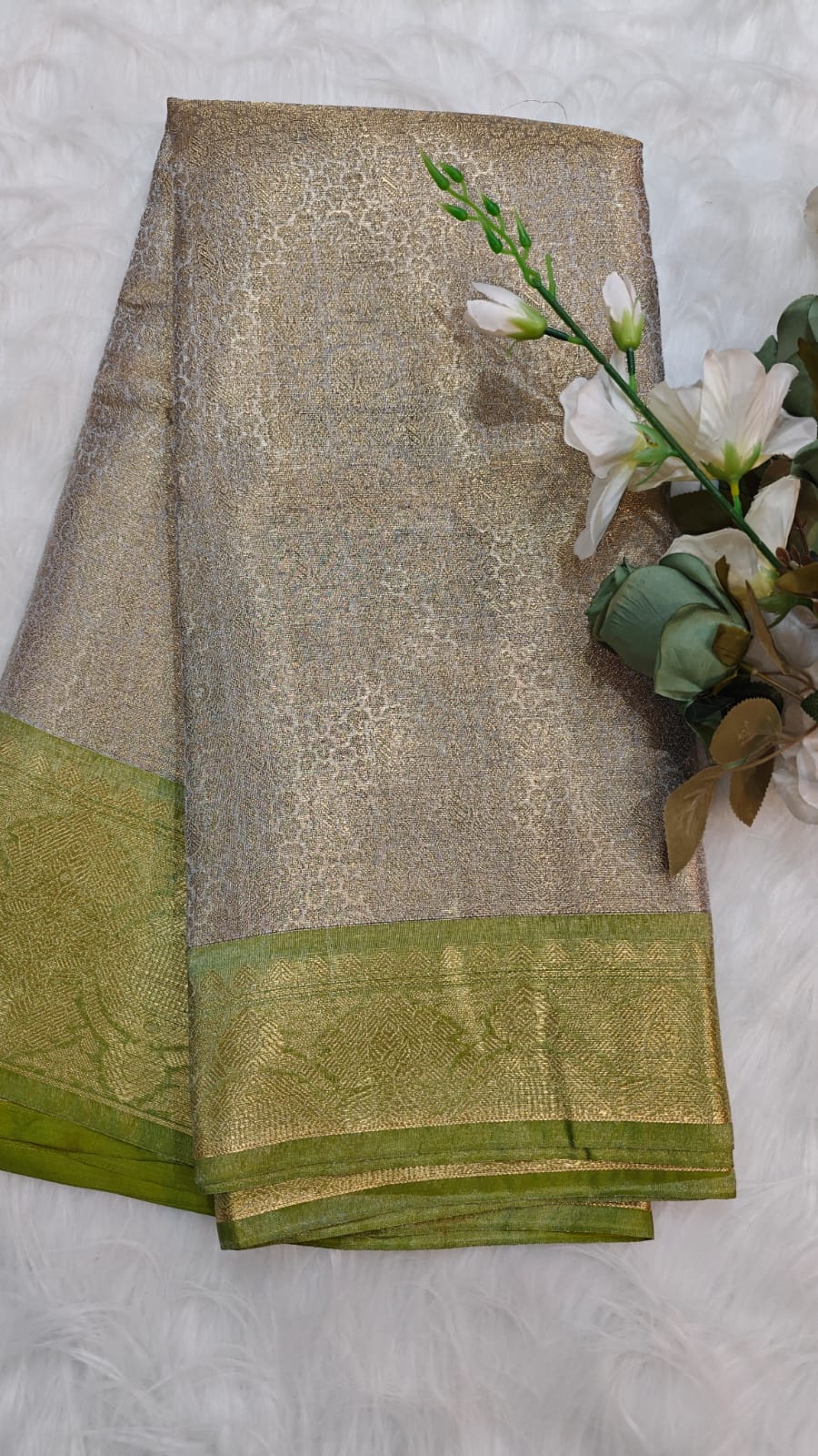 Beige & green Tissue Kanjivaram Saree With Banasari Zari Woven