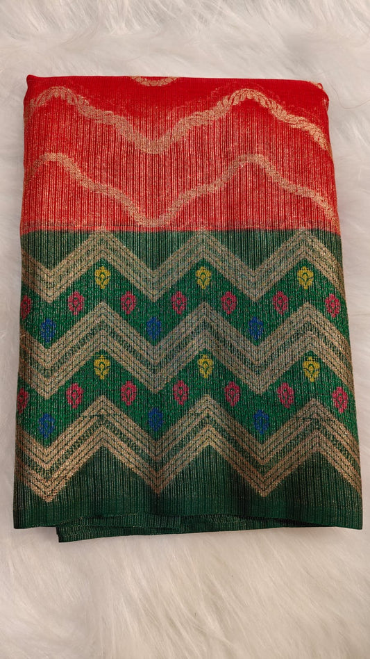 Light Weight Kota Tissue Paithani Red & Green 9 inch Zari Woven Border