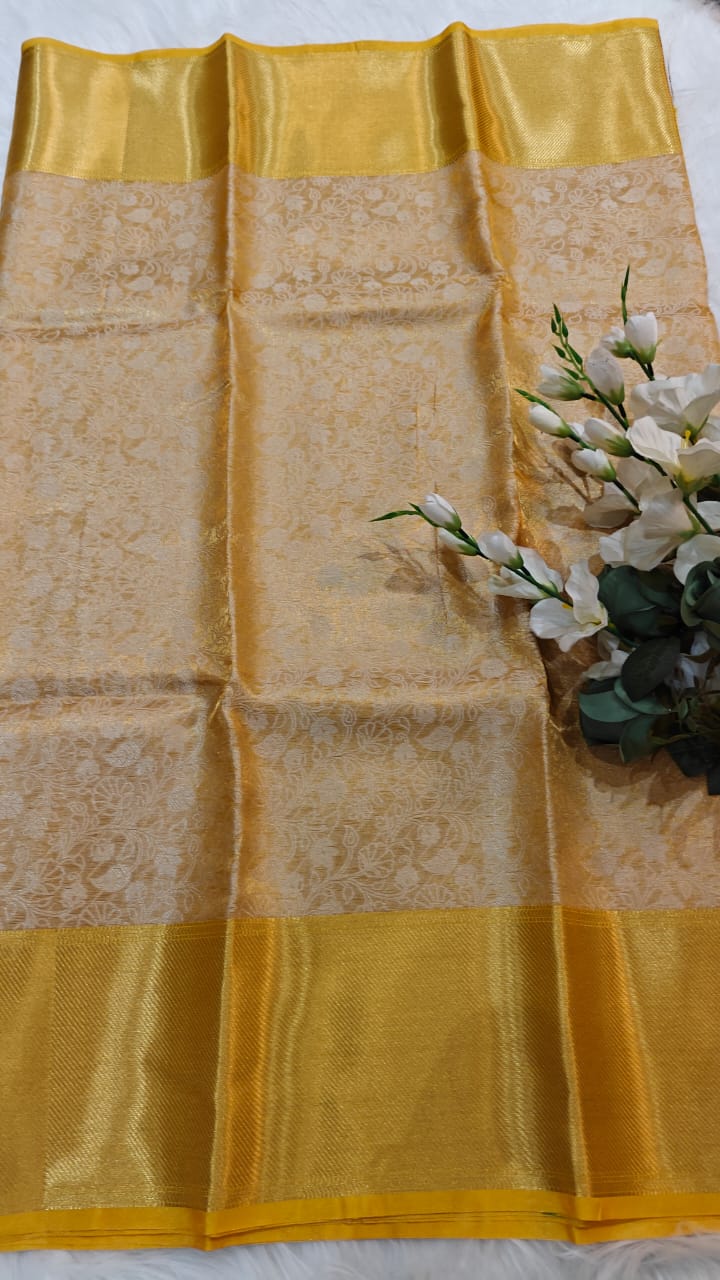 Metallic Yellow - Semi Kanjipuram Glass Tissue Saree With Chikankari Pattern Zari Weaving