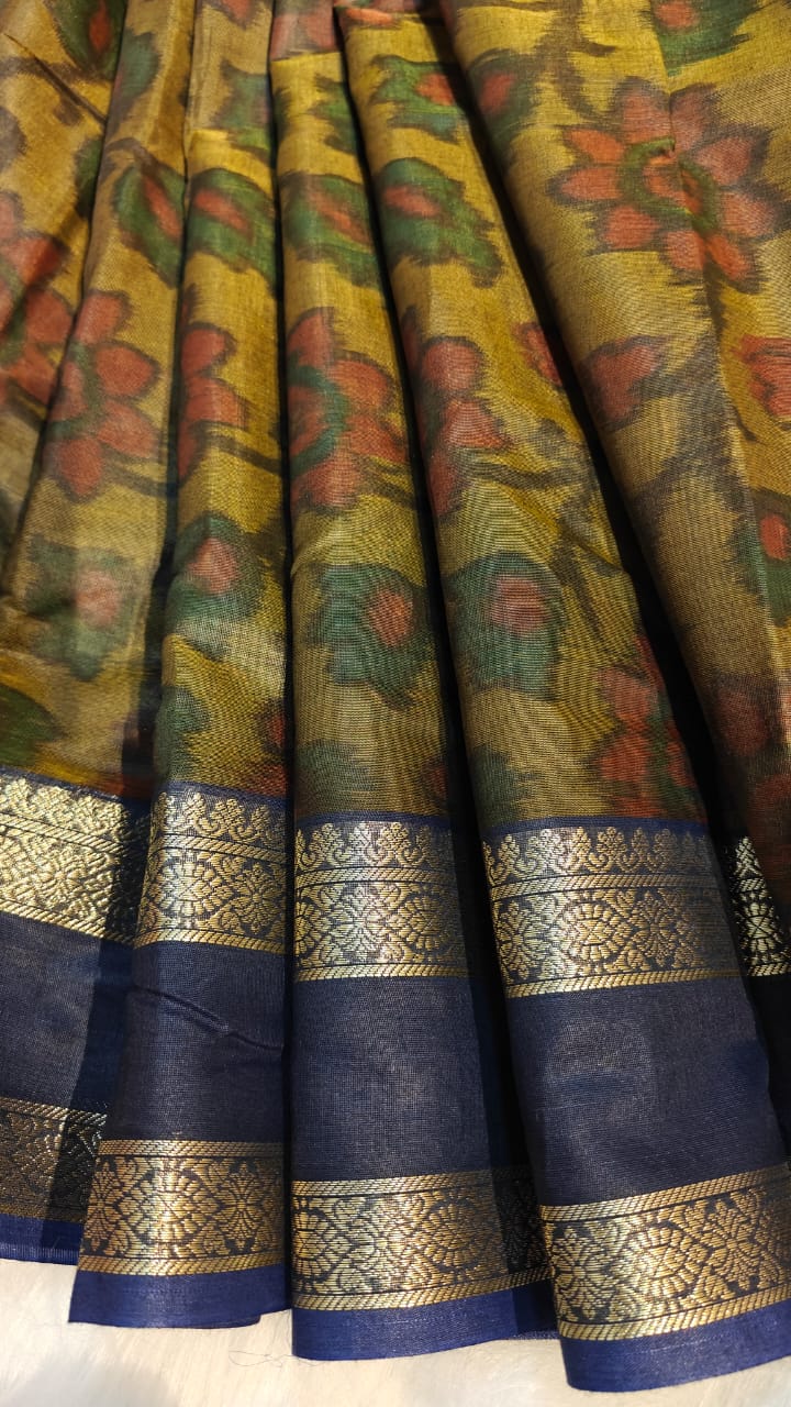 Pochampally Printed Allover Body with Gap Border and Ganga Jamuna Zari Design